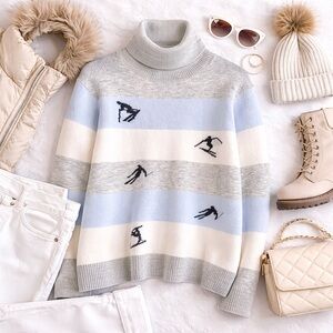 Coastal Ski Lodgecore Après Ski Turtleneck Ski Sweater Blue Gray CeCe L A85